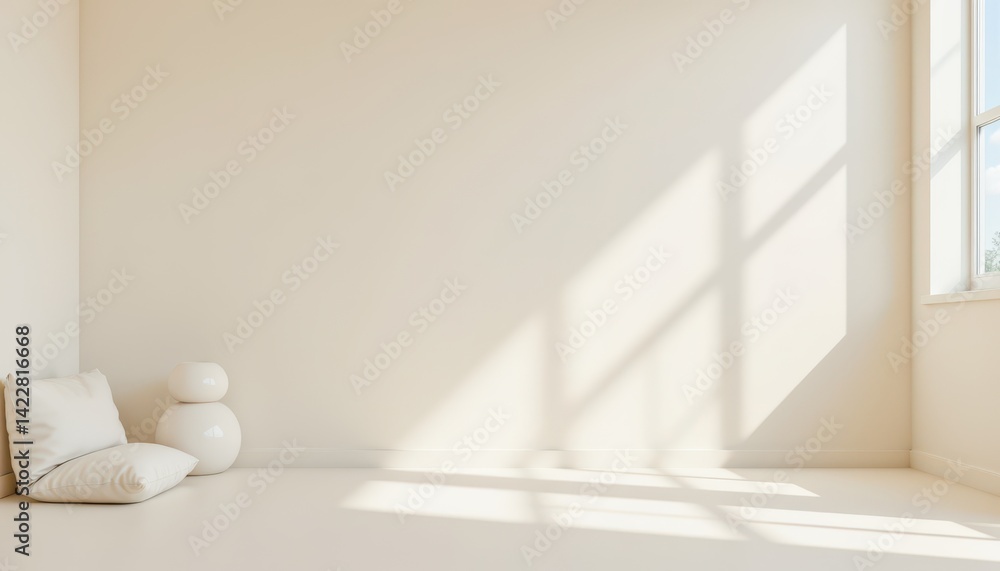 Fototapeta premium Minimalist floor seating in a bright room modern interior soft lighting calm ambiance aesthetic perspective