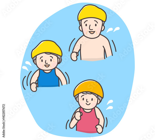 水中でウォーキングする3人のシニアのイラスト