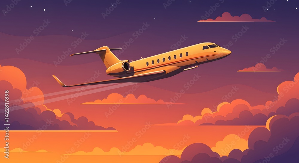 Fototapeta premium Stylized Private Jet Illustration Flying into Warm Sunset Over Ocean