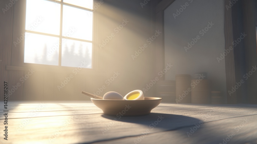 Sunlit Rustic Kitchen Still Life Eggs in Bowl on Wooden Table Sunlit Rustic Kitchen Still Life Eggs in Bowl on Wooden Table