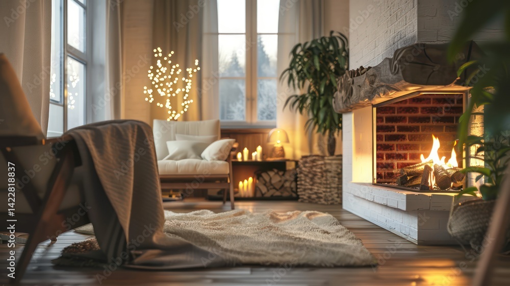 Cozy house interior with fireplace and armchair. Cozy house interior with fireplace and armchair.