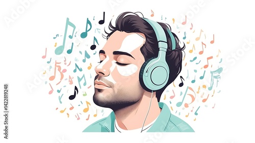 Man listening to music with headphones watercolor portrait