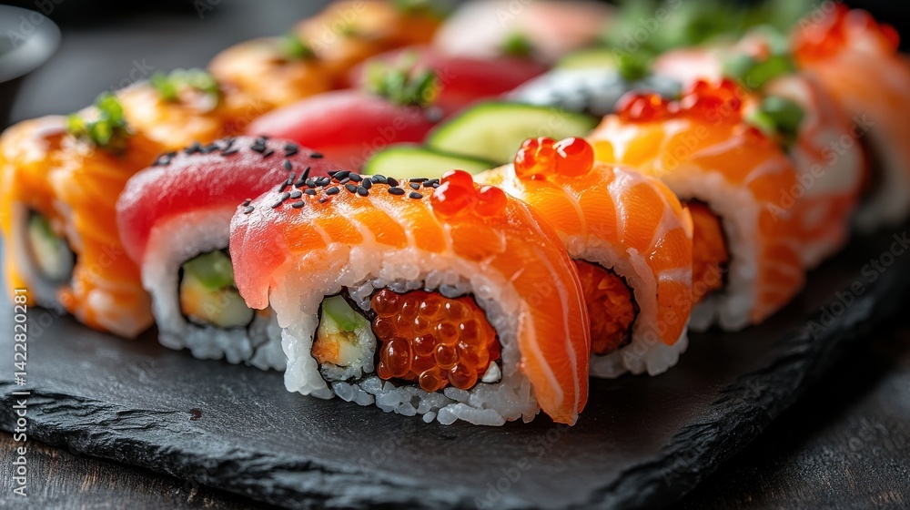 assorted sushi on slate plates red and black background - stock photo assorted sushi on slate plates red and black background - stock photo