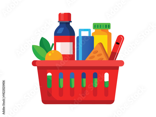 A red shopping basket full of groceries including a carton of juice, a can of olives, a bottle of olive oil, bread, and other items, on a white background