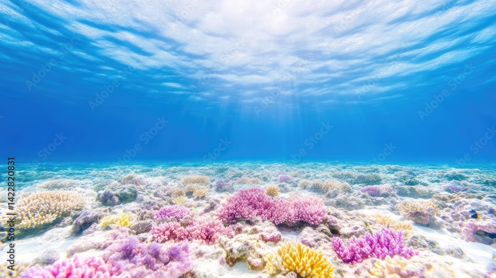 Fototapeta premium Vibrant coral reef underwater scene. Sunlight streams through the clear water, illuminating a variety of colorful corals on a sandy bottom. A serene and healthy marine ecosystem