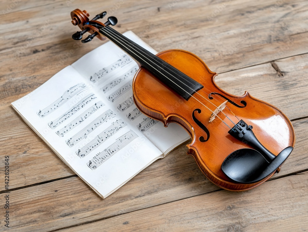 Fototapeta premium Violin Sheet Music Wooden Background