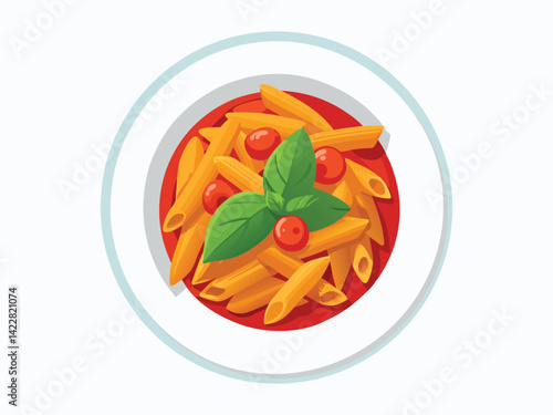 Penne pasta with tomato sauce and basil leaves on a white plate, the background is plain white