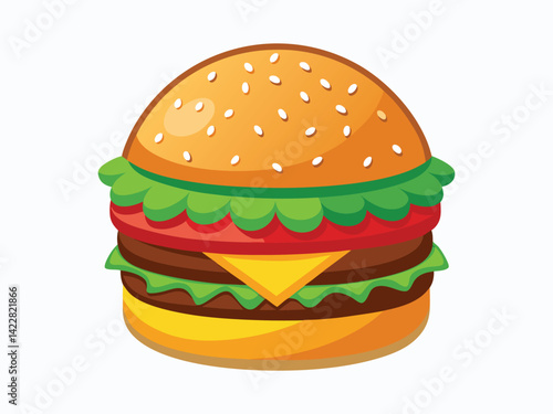 A burger with sesame seed bun, cheese, meat, tomato, lettuce and onion, the burger is on a white background
