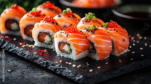 black slate plates with sushi against a red and black background - image for design
