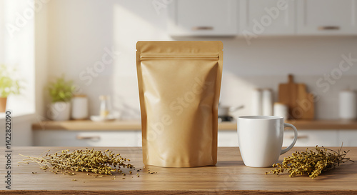 Kraft Paper Stand Up Pouch Mockup Eco-Friendly Packaging Design for Coffee or Tea