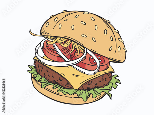 A burger with sesame seed bun, cheese, meat, tomato, lettuce and onion, the burger is on a white background