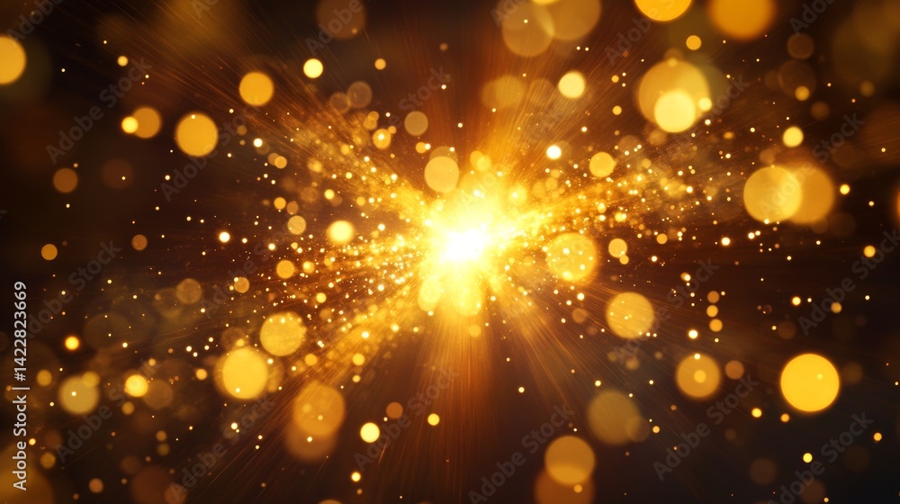 Fototapeta premium Sparkling golden bokeh explosion radiating from center, concentric circles of warm light particles, organic scattering of glowing orbs from bright to subtle, premium holiday background, professional