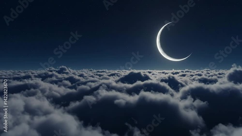 Beautiful Moon in the Skies. Flying Over the Infinite Clouds with the Night Moon Shining Seamless. Looped 3d Animation with Moonlight Over the Horizon, night sky, crescent moon, stars