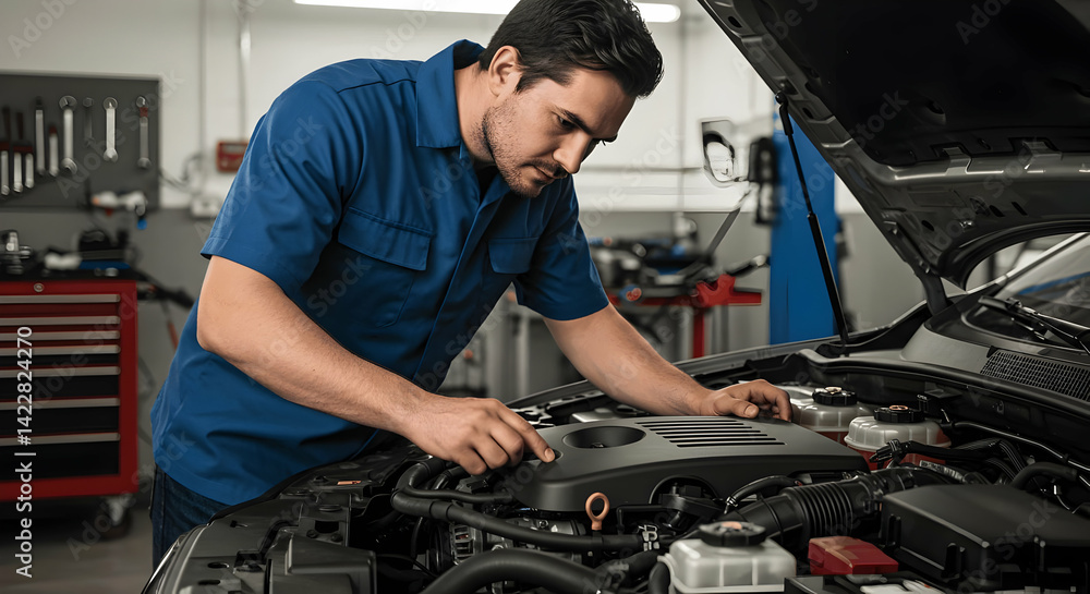 Skilled auto mechanic diagnosing car engine problems in a professional repair shop providing quality maintenance services Skilled auto mechanic diagnosing car engine problems in a professional repair shop providing quality maintenance services