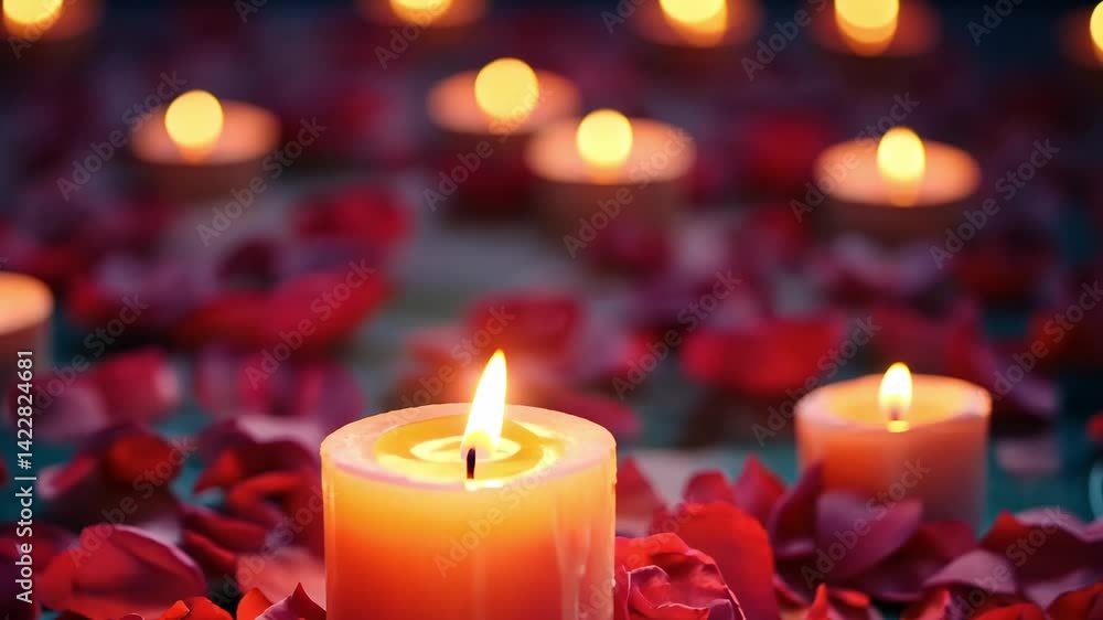 Romantic ambience created by flickering candles surrounded by rose petals for a special evening celebration Romantic ambience created by flickering candles surrounded by rose petals for a special evening celebration