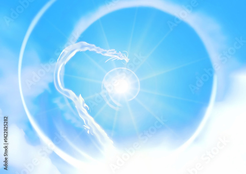 青空に渦巻く抽象的な龍の形の雲の3dイラスト背景