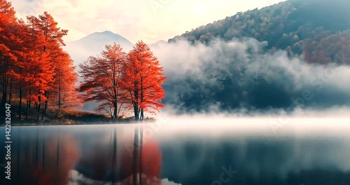 Serene autumn landscape featuring vibrant red trees reflecting in a misty lake at sunrise