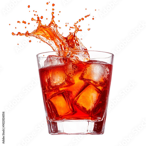 red cocktail splash with ice cubes on white background.
