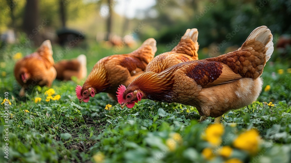 Fototapeta premium chickens grazing on grass in a free range setting - stock photo