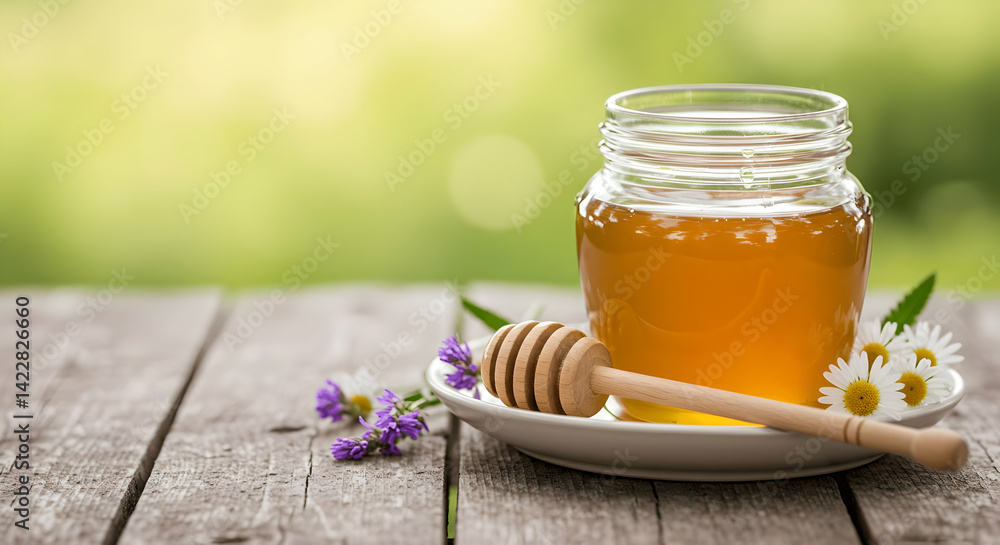 Golden Honey Jar on Rustic Table with Honeycomb and Wildflowers in Nature Setting Perfect for Ads Golden Honey Jar on Rustic Table with Honeycomb and Wildflowers in Nature Setting Perfect for Ads