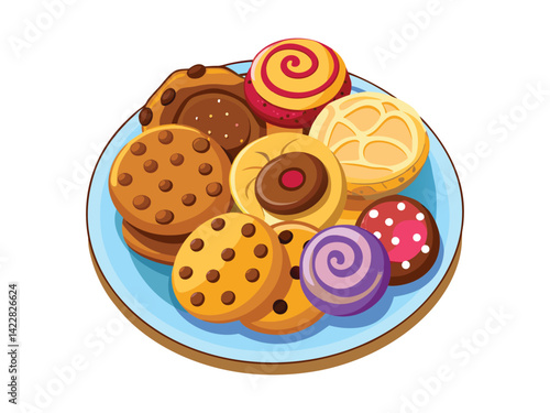 A plate full of assorted cookies, chocolate chips, cinnamon rolls, and jam-filled cookies, cartoonish style, bright colors, white background