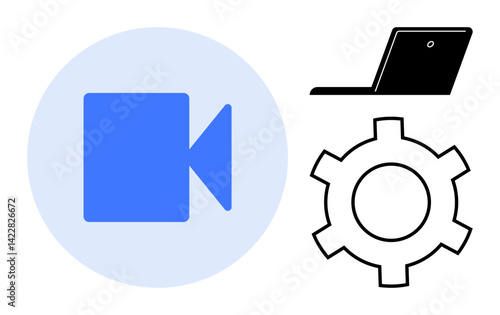 Blue camera icon with a black laptop and gear representing video streaming, technology, and customization. Ideal for technology, software, streaming, media operations, workflow, setup simple landing