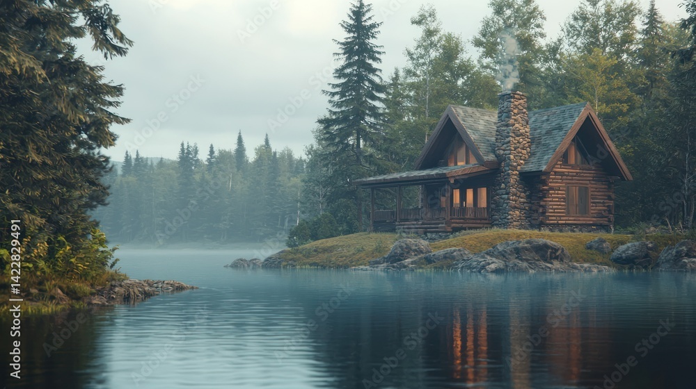Fototapeta premium A cozy lakeside cabin with a prominent stone chimney, surrounded by pine trees and calm waters.