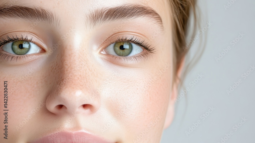 Obraz premium Close-up of a young woman's flawless face, highlighting natural beauty and healthy skin