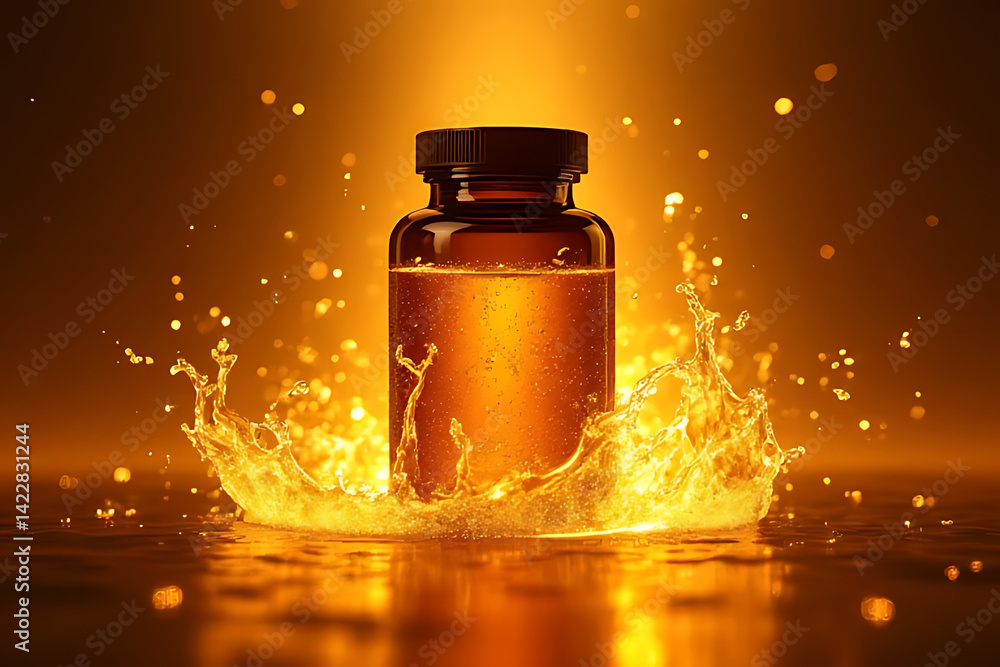 Dynamic splash of golden liquid in a bottle studio setting product photography creative concept Dynamic splash of golden liquid in a bottle studio setting product photography creative concept