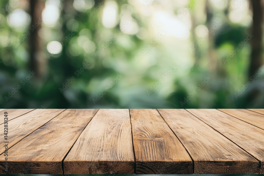 Empty wooden table with blurred jungle background for displaying products Empty wooden table with blurred jungle background for displaying products