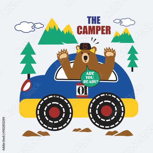bear riding car going camping in forest park,cartoon illustration