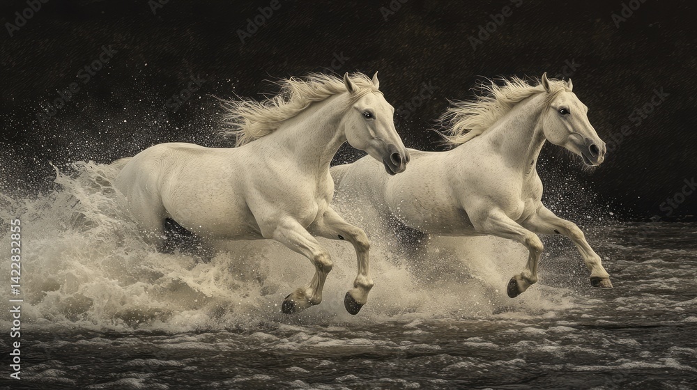 Fototapeta premium Two stunning white horses gallop dynamically through splashing water