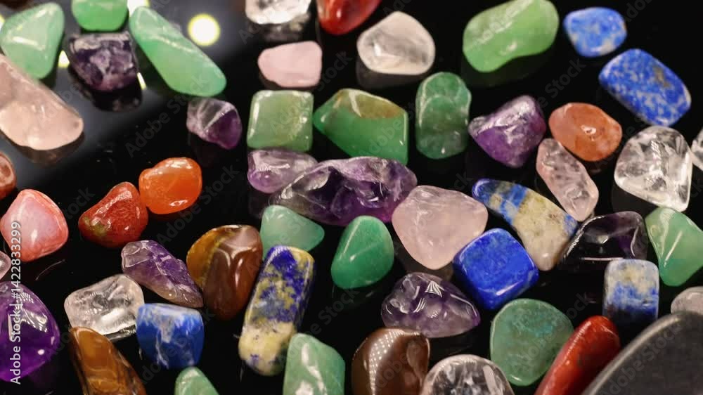 Vibrant Chakra Stones in Motion on Black Background Vibrant Chakra Stones in Motion on Black Background