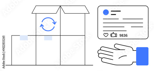 Cardboard boxes with recycling symbol, a hand offering gesture, and a profile card with thumbs ups and feedback. Ideal for sustainability, logistics, recycling, eco-friendly commerce, social