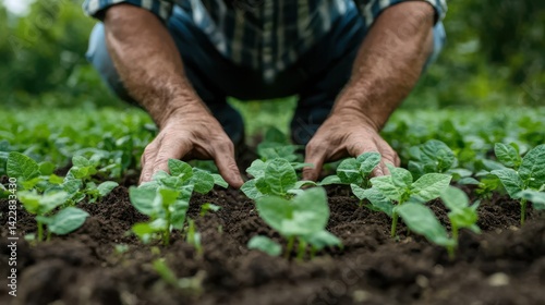 close up of a farmer evaluating soybean plant growth - stock photo