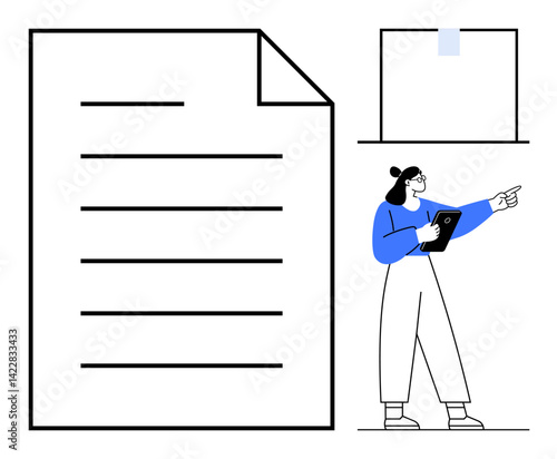 Large document icon, woman holding a clipboard pointing ahead, minimalistic note paper. Ideal for business strategy, education, teamwork, planning, communication, knowledge sharing simple landing