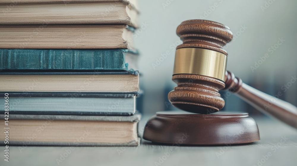 Wooden gavel resting near stack of legal books symbolizing justice Wooden gavel resting near stack of legal books symbolizing justice