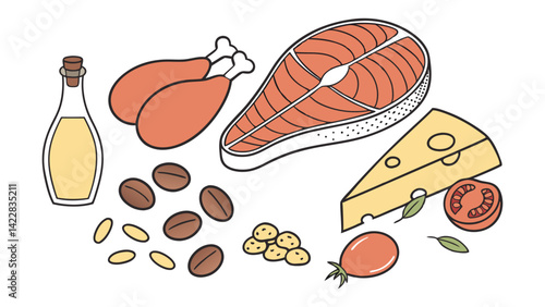 Salmon fillet, chicken legs, beef steak, cheese, eggs, tomato, olive oil, nuts and beans on a white background