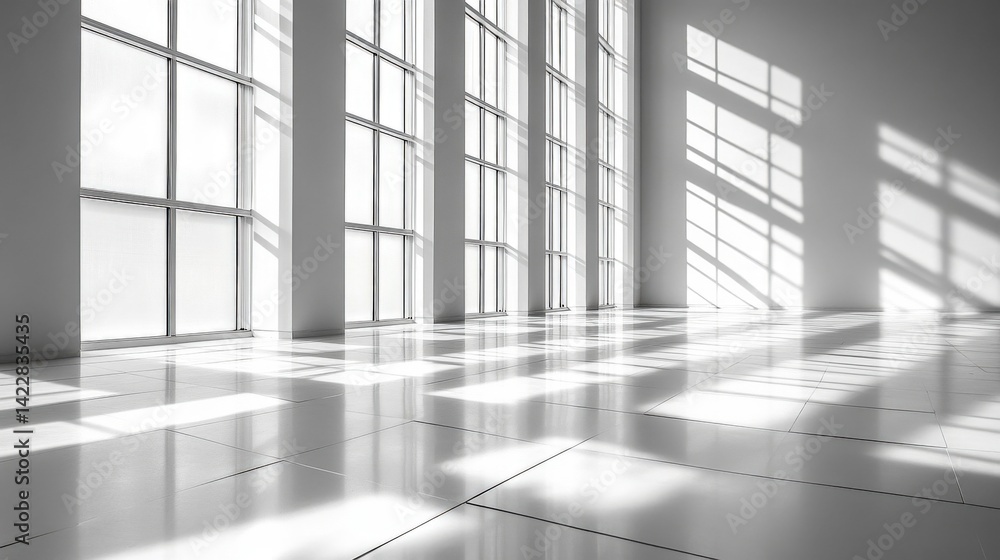 Fototapeta premium Bright White Interior with Large Windows Casting Geometric Shadows and Reflections