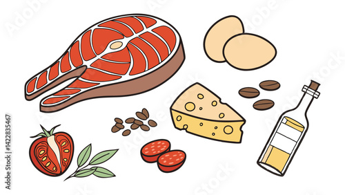 Salmon fillet, chicken legs, beef steak, cheese, eggs, tomato, olive oil, nuts and beans on a white background
