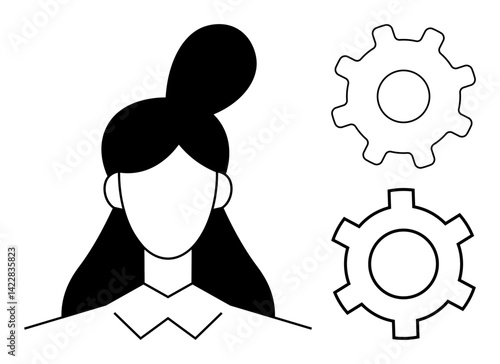 Female headshot alongside two gears symbolizing collaboration, innovation, and leadership. Ideal for teamwork, creativity, innovation, leadership, career development, workflow simple landing page