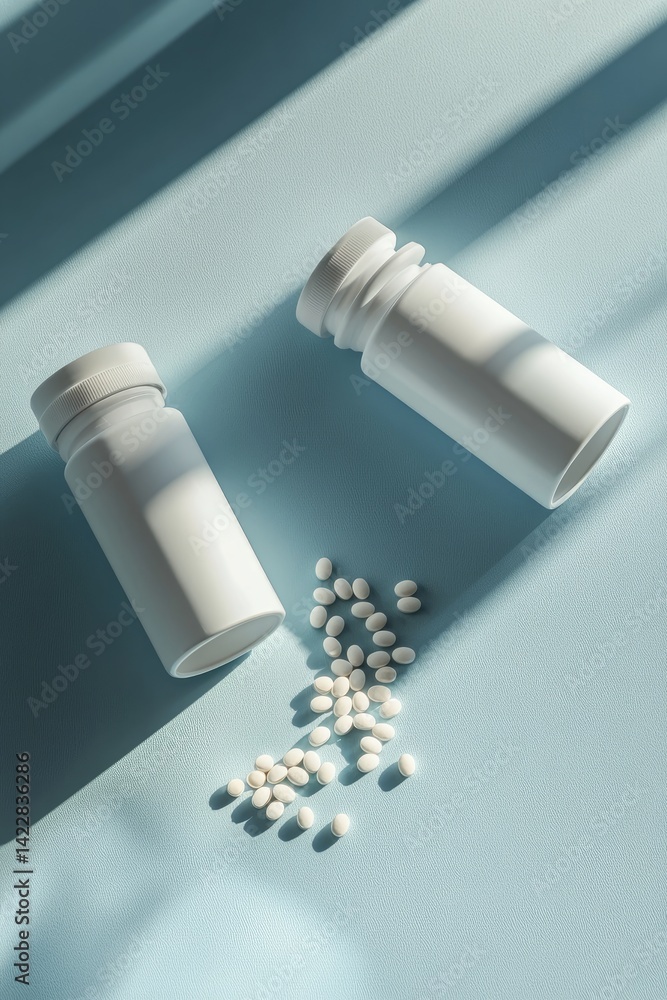 Naklejka premium White pill bottles and spilled pills on blue background.