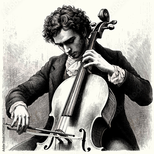 Young musician playing cello in detailed vintage illustration  
