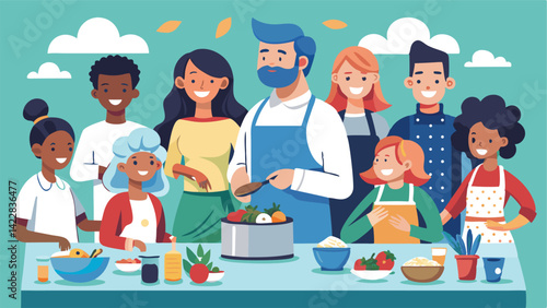 Nine people cooking, average age 30, average race white, in a cooking show, preparing food, in a kitchen, with a table