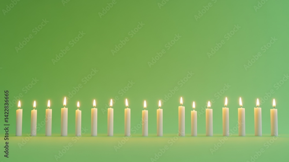 A row of elegant candles burning gently, isolated on a chroma key green background A row of elegant candles burning gently, isolated on a chroma key green background