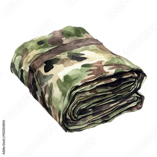 watercolor of Camouflage Tarp Shelter Folded Neatly, vector, isolated on a white background.