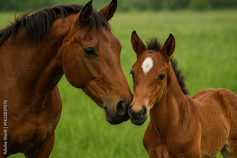 Obraz premium Affectionate mare and foal bonding in lush green meadow