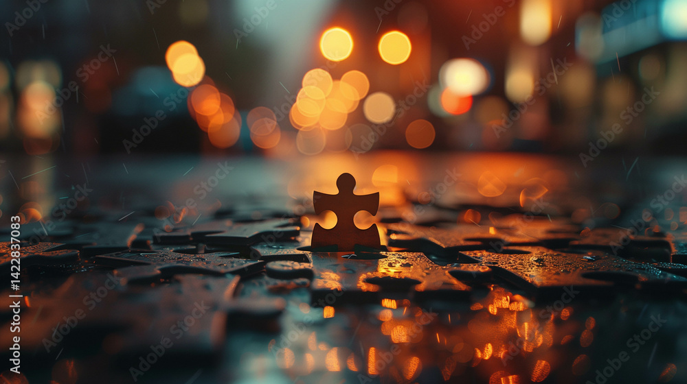 Single puzzle piece standing out among scattered pieces with glowing bokeh background