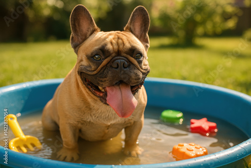 Happy french bulldog cooling off in kiddie pool on a sunny day