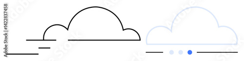 Two simple cloud outlines, one bold and one light, with horizontal lines and small dots indicating movement. Ideal for technology, data, internet, storage, innovation, cloud computing simple landing